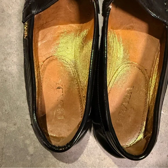 Prada Patent Leather Moccasin Driving Loafers Black Flats Gold Logo Designer 6.5 - Picture 5 of 9